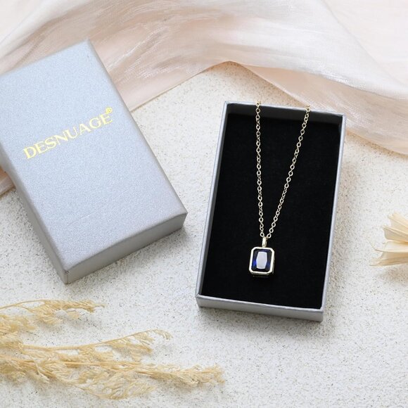 Sapphire Necklaces 14K Gold Dainty Rectangle Necklace Birthstone Navy Blue Penda - Picture 7 of 7